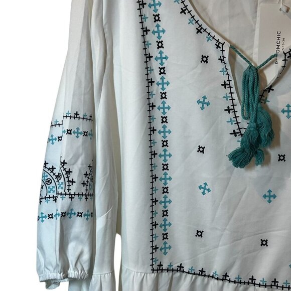 Boho Chic White & Blue Embroidered Midi Dress With Tassels 3/4 Sleeves sz 26 NWT - Picture 2 of 7
